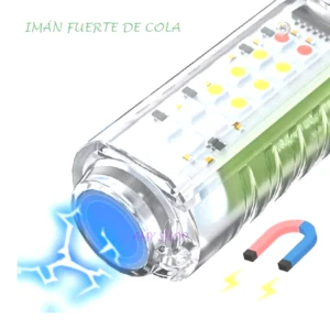 Linterna LED recargable con imán fuerte en la cola y diseño translúcido.