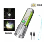 Linterna LED recargable verde y plateada, zoomable, 30W, con cable USB y cordón.
