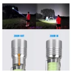 Linterna LED zoomable para exteriores, con haz de luz potente y recargable, ideal para camping y actividades nocturnas.