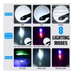 Linterna LED multifuncional recargable, muestra 8 modos de iluminación: foco, luces laterales y luces de advertencia.