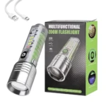 Linterna LED multifuncional recargable, plateada, con diferentes luces (blanca, roja, azul, UV) y cables USB.
