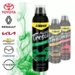 Ambientador auto Simoniz Activo en spray negro con logo y marca de autos: Toyota, Renault, Kia, Chevrolet, Mazda, Nissan.