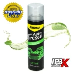 Perfume ambientador Simoniz Auto Fresco activo para carro, en lata negra con detalles verdes, 220 ml.