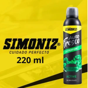 Perfume ambientador SIMONIZ Negro Auto Fresco 220ml con diseño de carro y notas verdes.