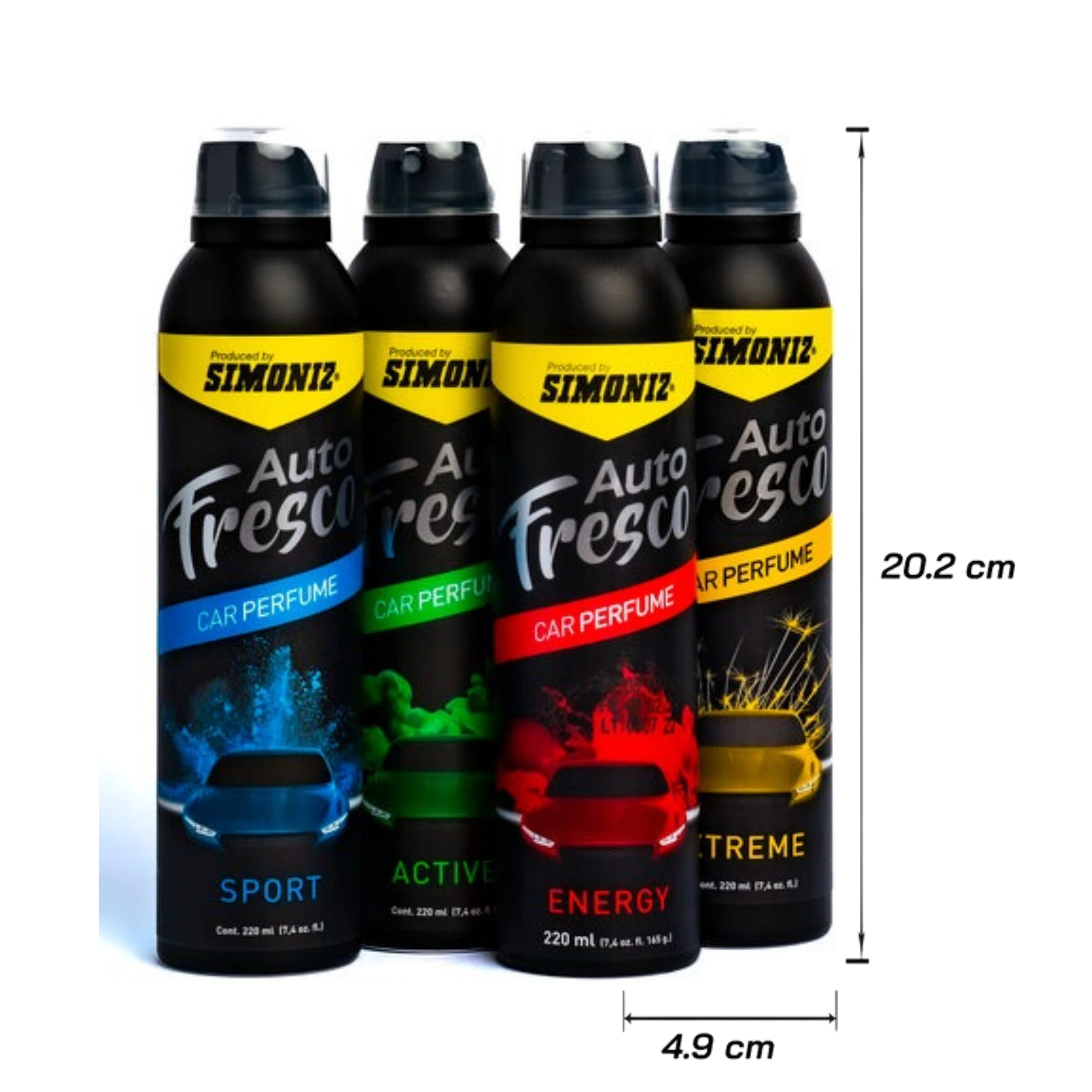 Cuatro ambientadores para carro Simoniz Auto Fresco en spray, con diseños de autos y colores vibrantes, 20.2 cm de alto.