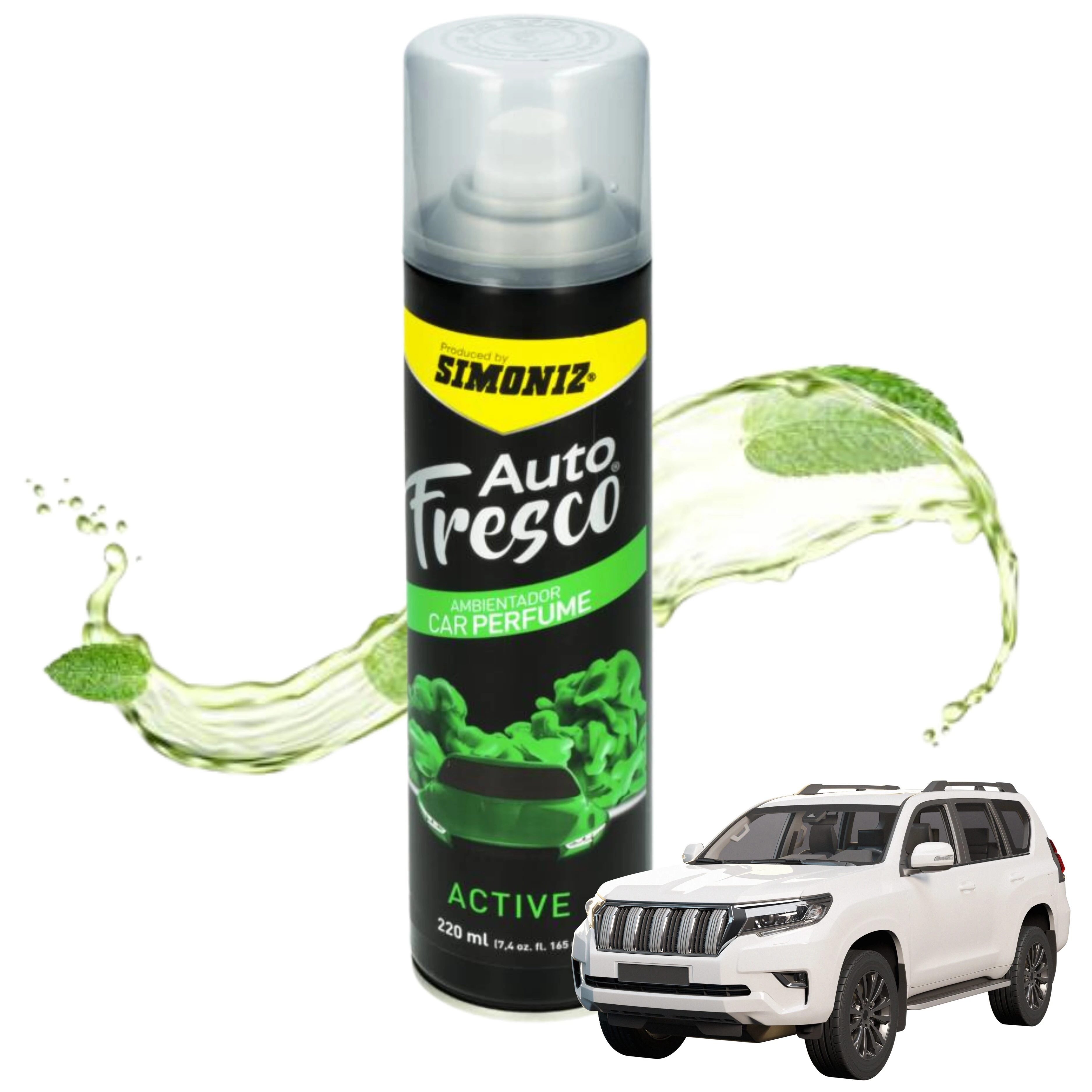 Perfume Auto Fresco Simoniz Activo 220 ml en lata negra, con diseño de carro verde, salpicaduras y hojas de menta, junto a camioneta blanca.
