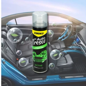 Spray ambientador Simoniz Auto Fresco Active verde eliminador de olores para carro en interior, con burbujas y hojas.
