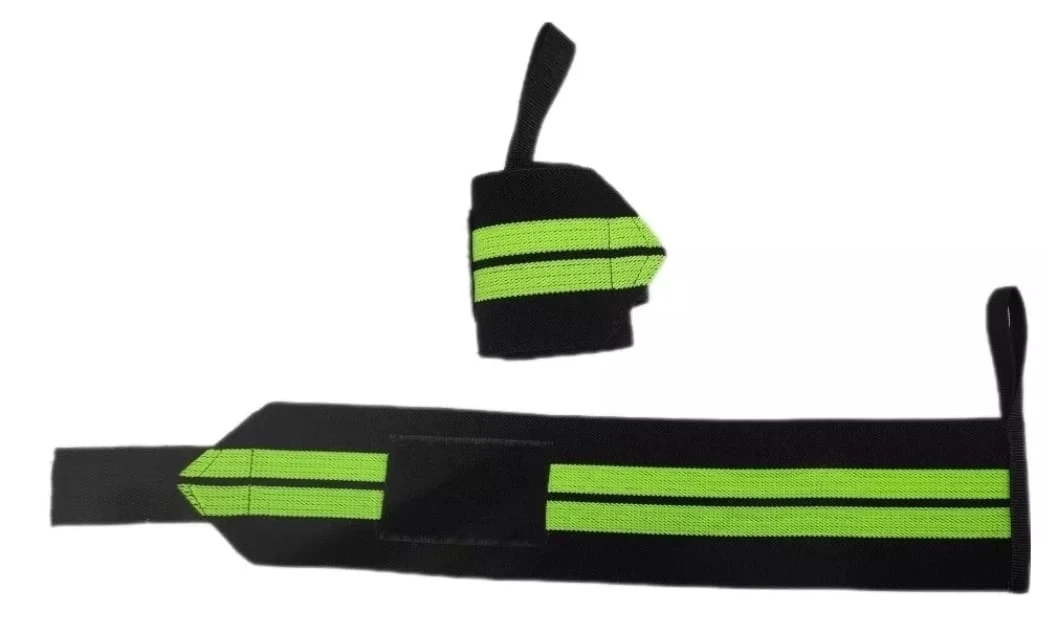 Muñequeras deportivas ajustables, negras con rayas verdes neón, ideal para levantamiento de pesas.