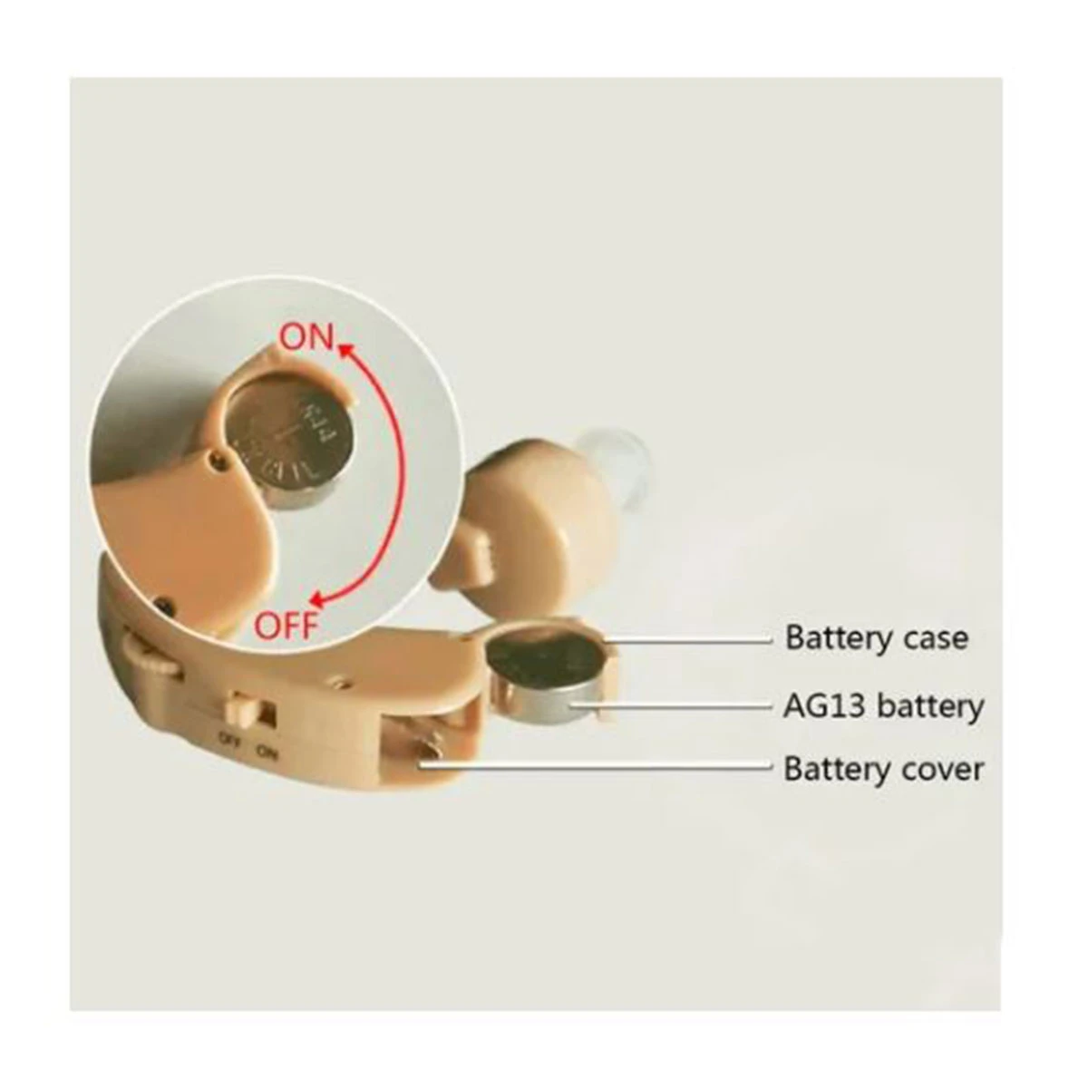 Amplificador auditivo beige con compartimento abierto para batería AG13, interruptor ON/OFF.