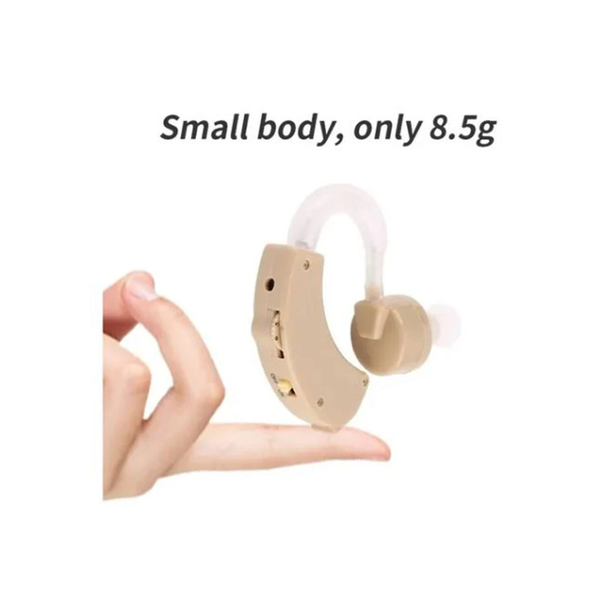 Amplificador de ayuda auditiva color beige ligero, sostenido por un dedo, ideal para sordos.