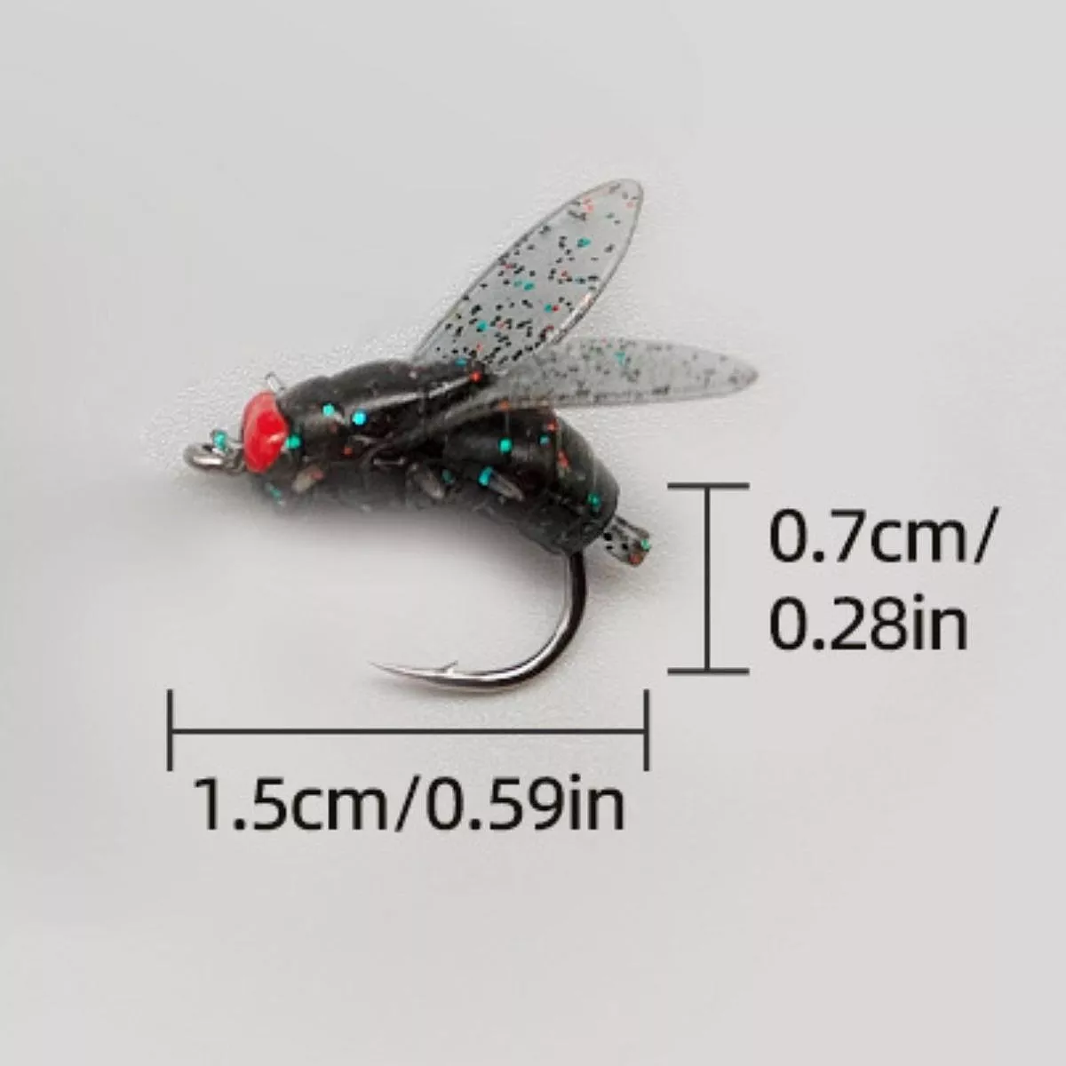 Cebo de pesca en forma de mosca negra con puntos brillantes, 1.5cm de largo, ideal para pesca deportiva.