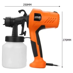 Rociador de pintura eléctrico naranja y negro con recipiente blanco, 250mm de ancho, 270mm de alto.