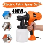 Pistola rociadora de pintura eléctrica 400W naranja y negra con botella de plástico blanco, ideal para pintar superficies.