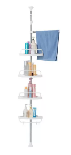 Organizador de baño esquinero de aluminio plateado, con 4 repisas, ganchos y toallero, ideal para ducha.