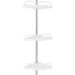 Organizador de baño esquinero blanco de 4 niveles con barra para toallas.