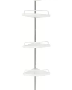 Organizador de baño esquinero blanco de 4 niveles con barra para toallas.