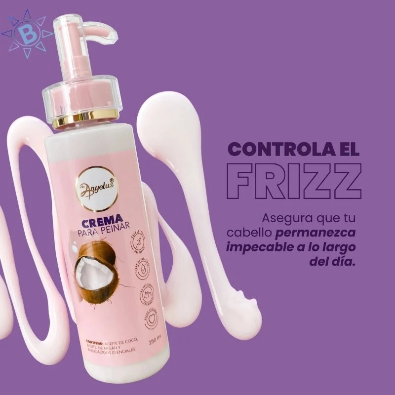 Crema para peinar Anyeluz de 250ml con aceite de coco, argán y aminoácidos, en envase dosificador rosado rodeado por textura cremosa sobre fondo morado.