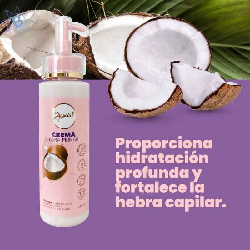 Crema para peinar Anyeluz de 250ml en envase rosado con dosificador, junto a trozos de coco natural sobre fondo morado, indicada para hidratar el cabello.