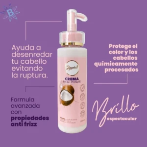 Crema para peinar Anyeluz de 250 ml con dosificador, formulada con aceite de coco y argán para desenredar, proteger el color y eliminar el frizz.