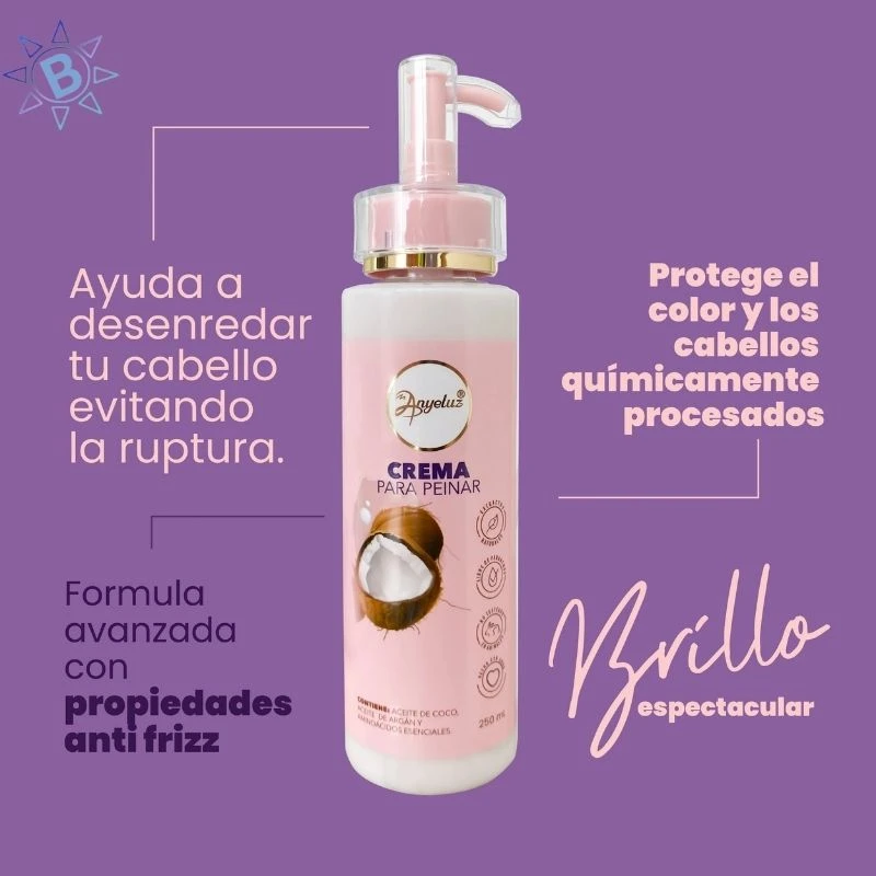Crema para peinar Anyeluz de 250 ml con dosificador, formulada con aceite de coco y argán para desenredar, proteger el color y eliminar el frizz.