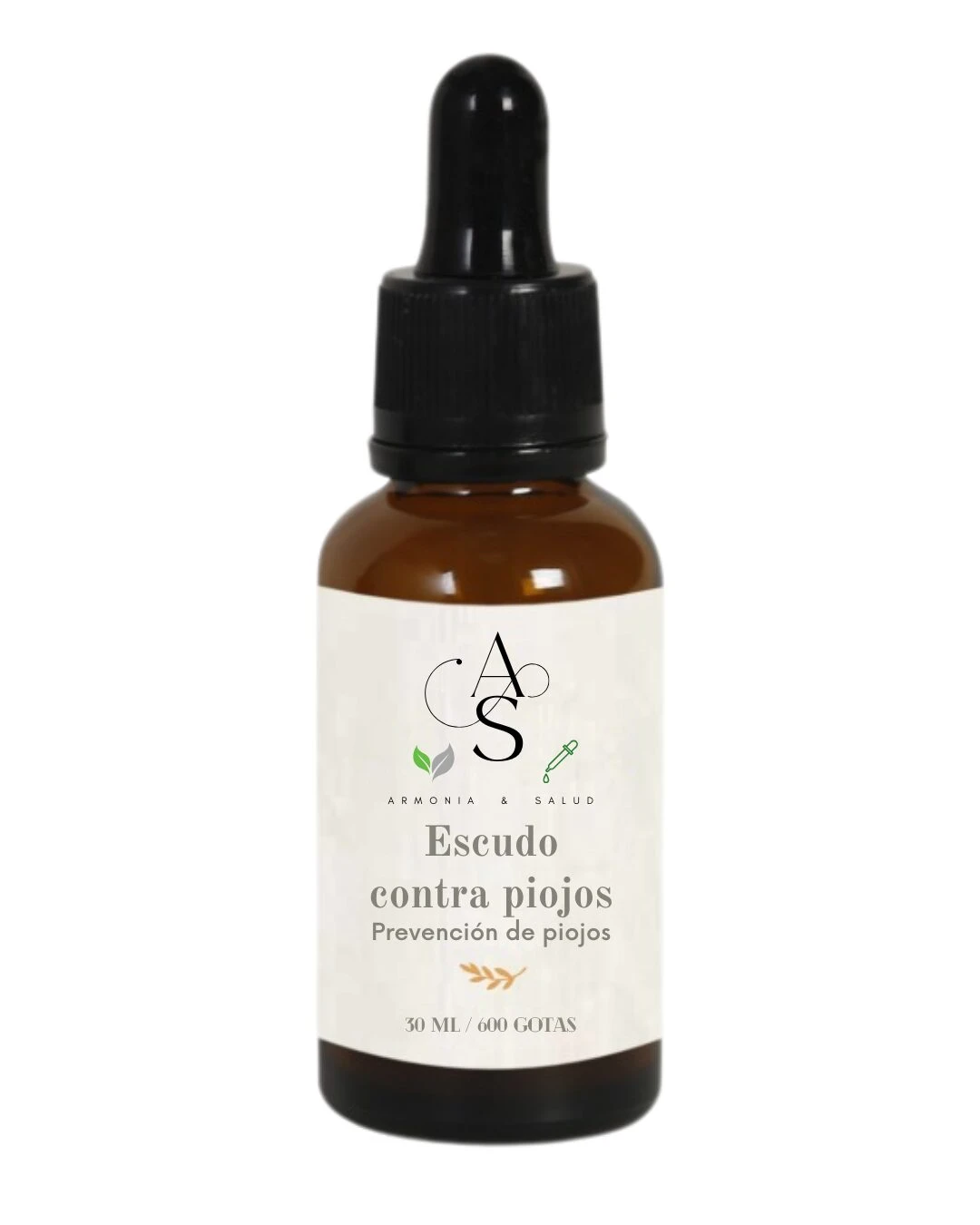 Suero capilar anti-piojos "Escudo contra piojos" en frasco ámbar con gotero, 30ml.