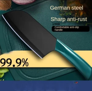 Cuchillo de cocina negro de acero alemán con mango antideslizante verde, 99.9% afilado y antióxido.