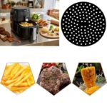 Protector de silicona negro perforado para freidora de aire, diseñado para evitar residuos y facilitar la limpieza en preparaciones como papas y carnes.
