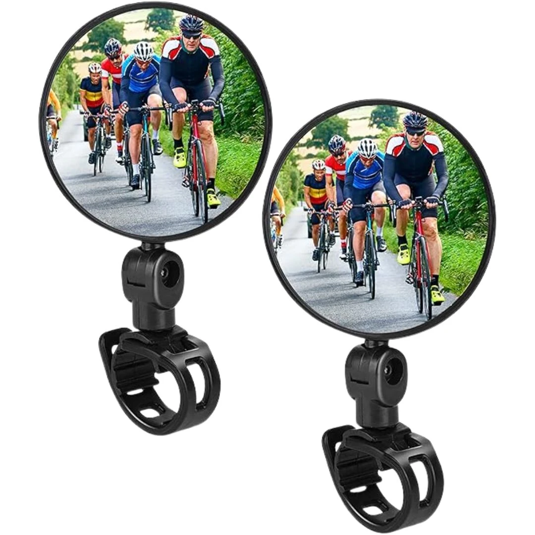 Set x2 espejos retrovisores para bicicleta, negros, con reflejo de ciclistas en carrera.
