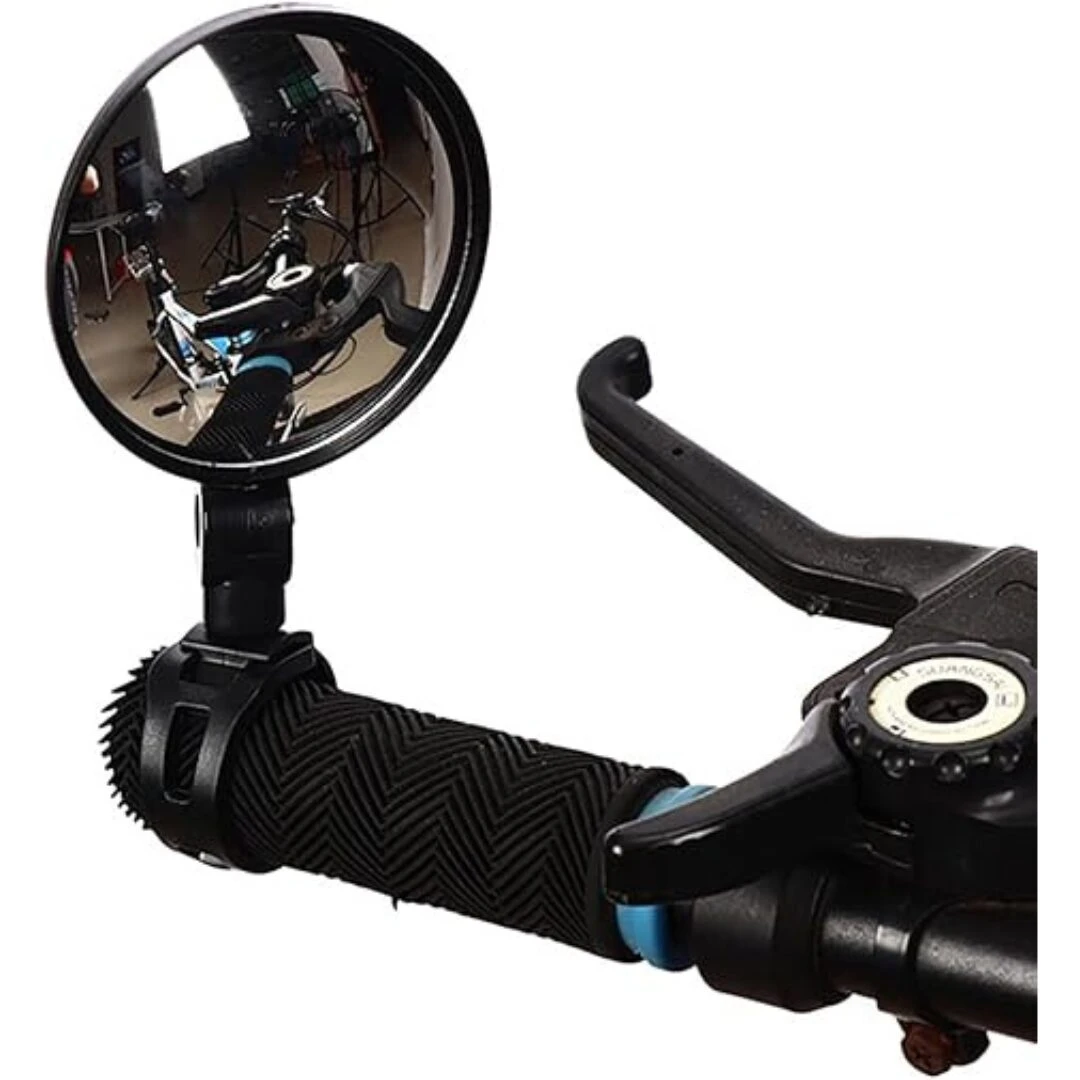 Espejos retrovisores tipo fantasma para bicicleta, con mango de goma negro, montados en manillar negro con palanca de freno.