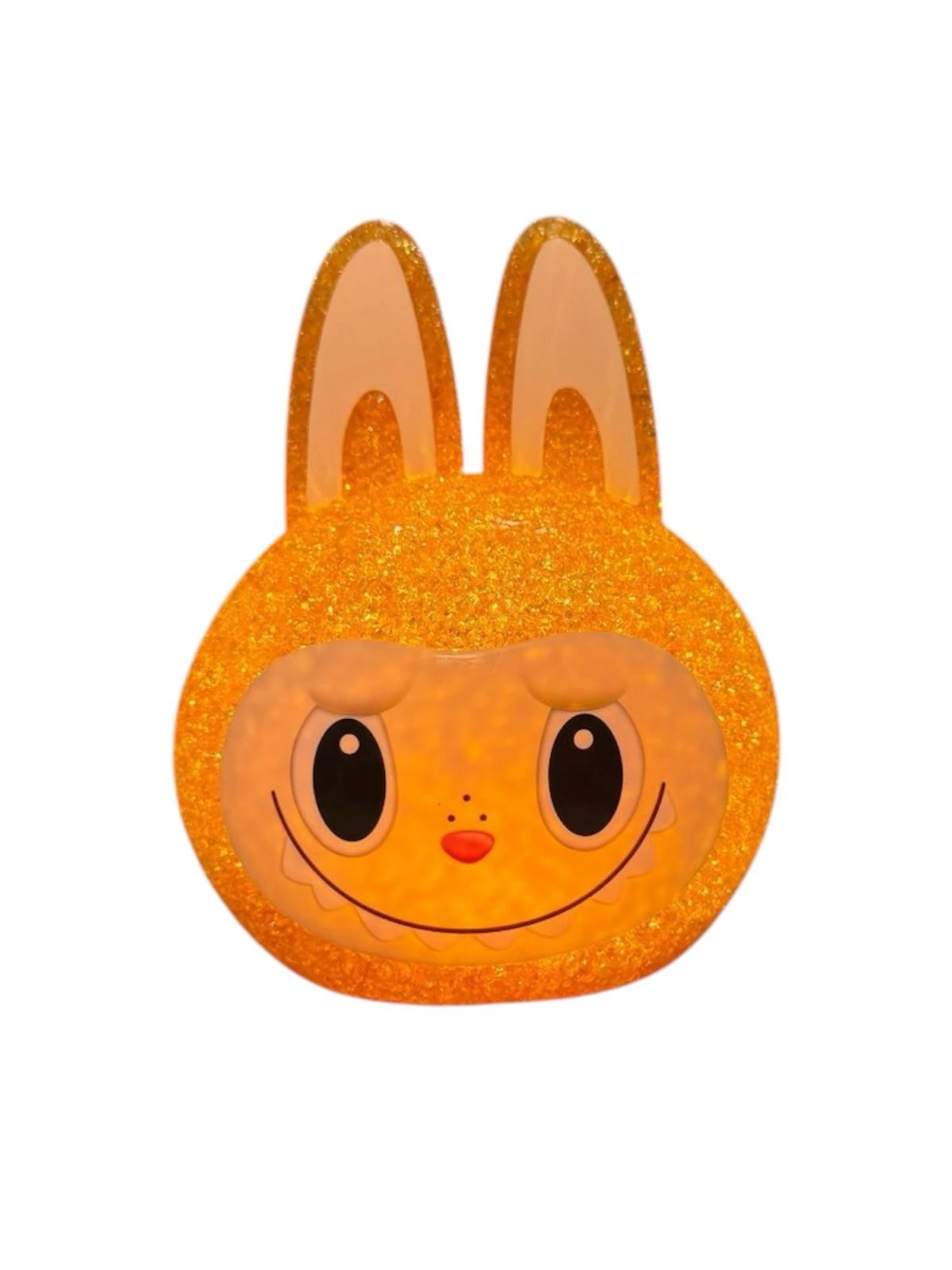 Lámpara de mesa kawaii con forma de cabeza de conejo, acabado en color naranja escarchado con textura brillante y luz LED interna integrada.