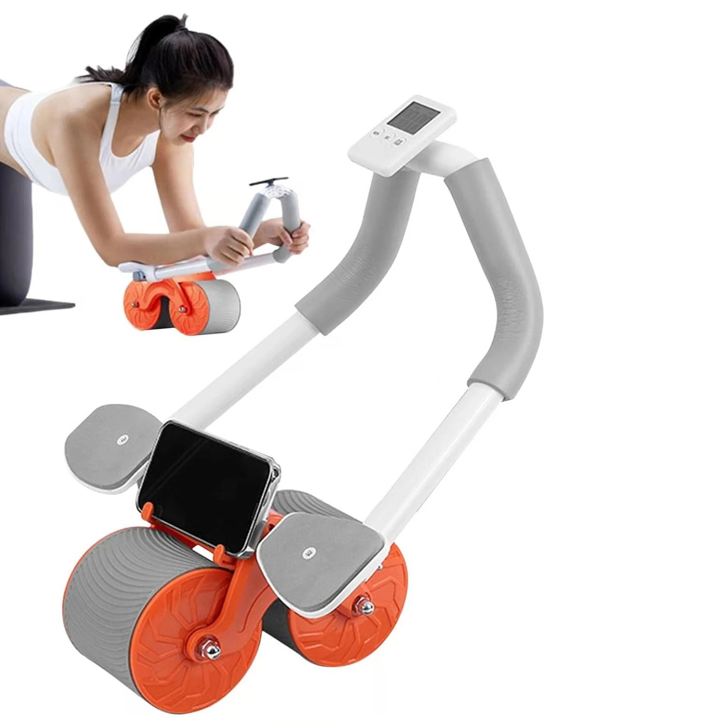 Rodillo abdominal con doble rueda gris y naranja, pantalla digital, soporte para celular.