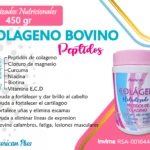 Colágeno bovino hidrolizado en polvo American Plus, 450g, con péptidos, magnesio, curcuma, biotina y vitaminas.