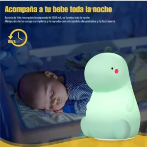 Lámpara nocturna de silicona suave en forma de dinosaurio verde, con batería recargable de 1200 mAh para acompañar el sueño y cuidado del bebé.