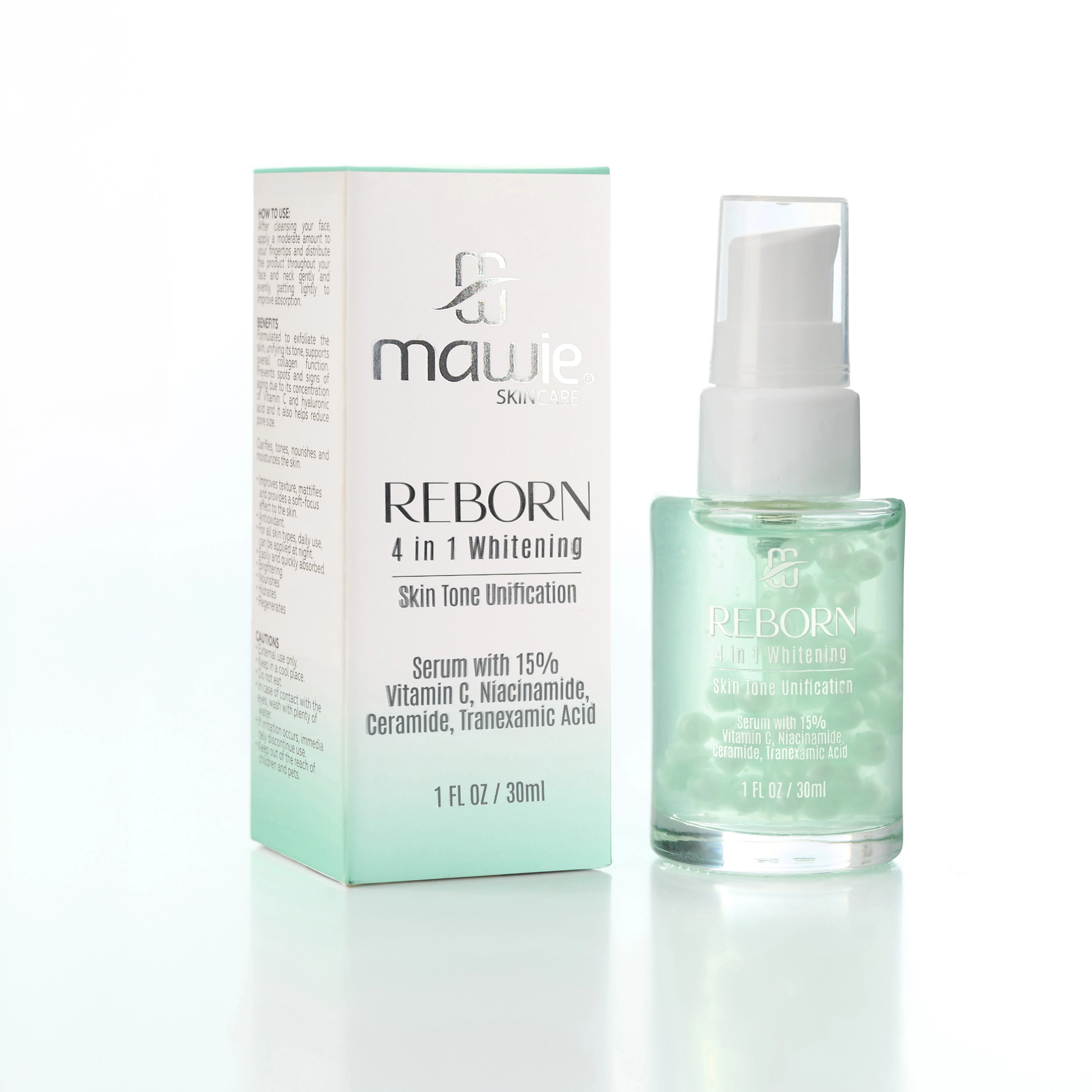 Serum aclarante Reborn 4 en 1 de 30ml junto a su caja, frasco de vidrio con dosificador y perlas activas de tratamiento en su interior.