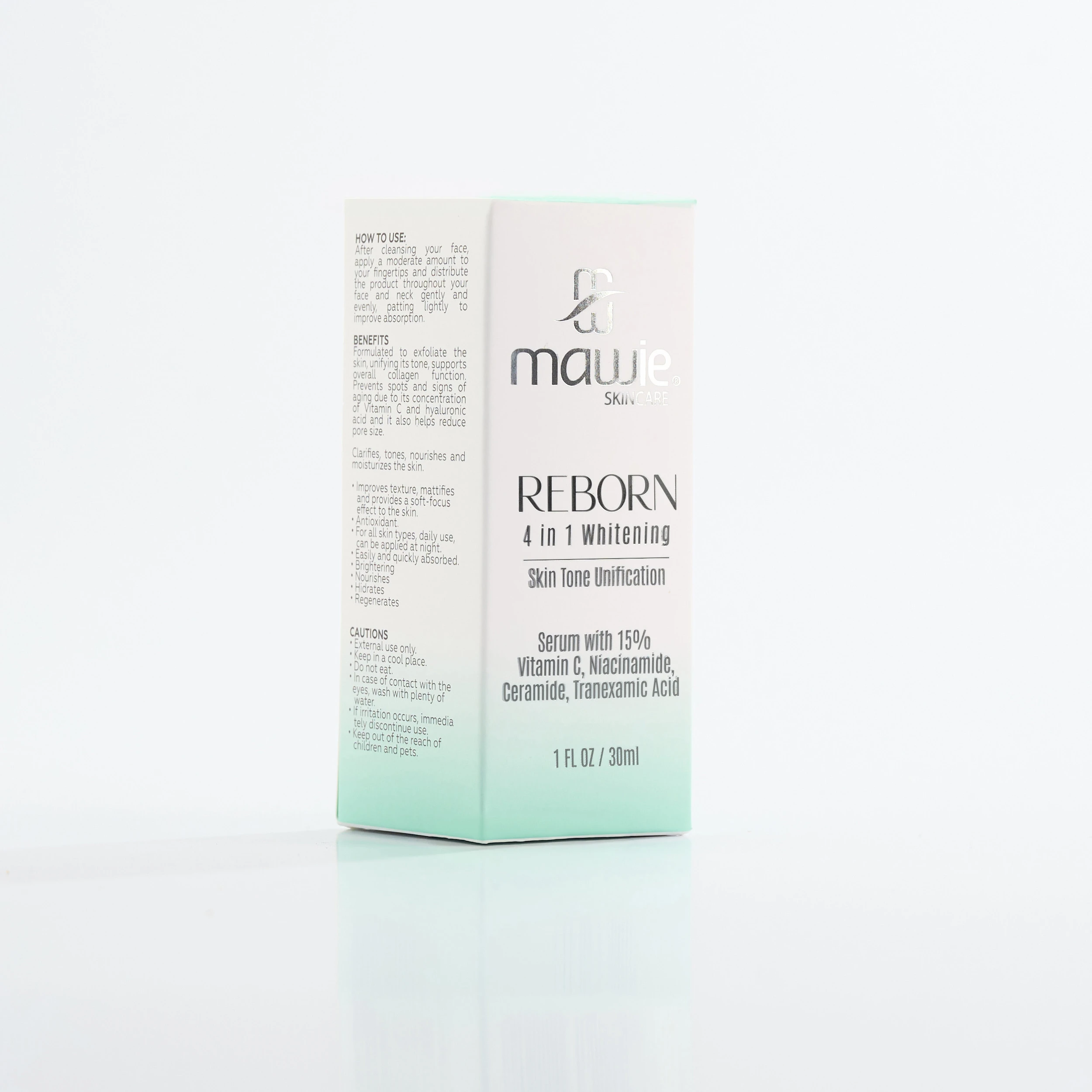 Empaque vertical del serum aclarante Reborn 4 en 1 de Mawie, caja color menta a blanco con ingredientes y beneficios detallados, contenido de 30 ml.