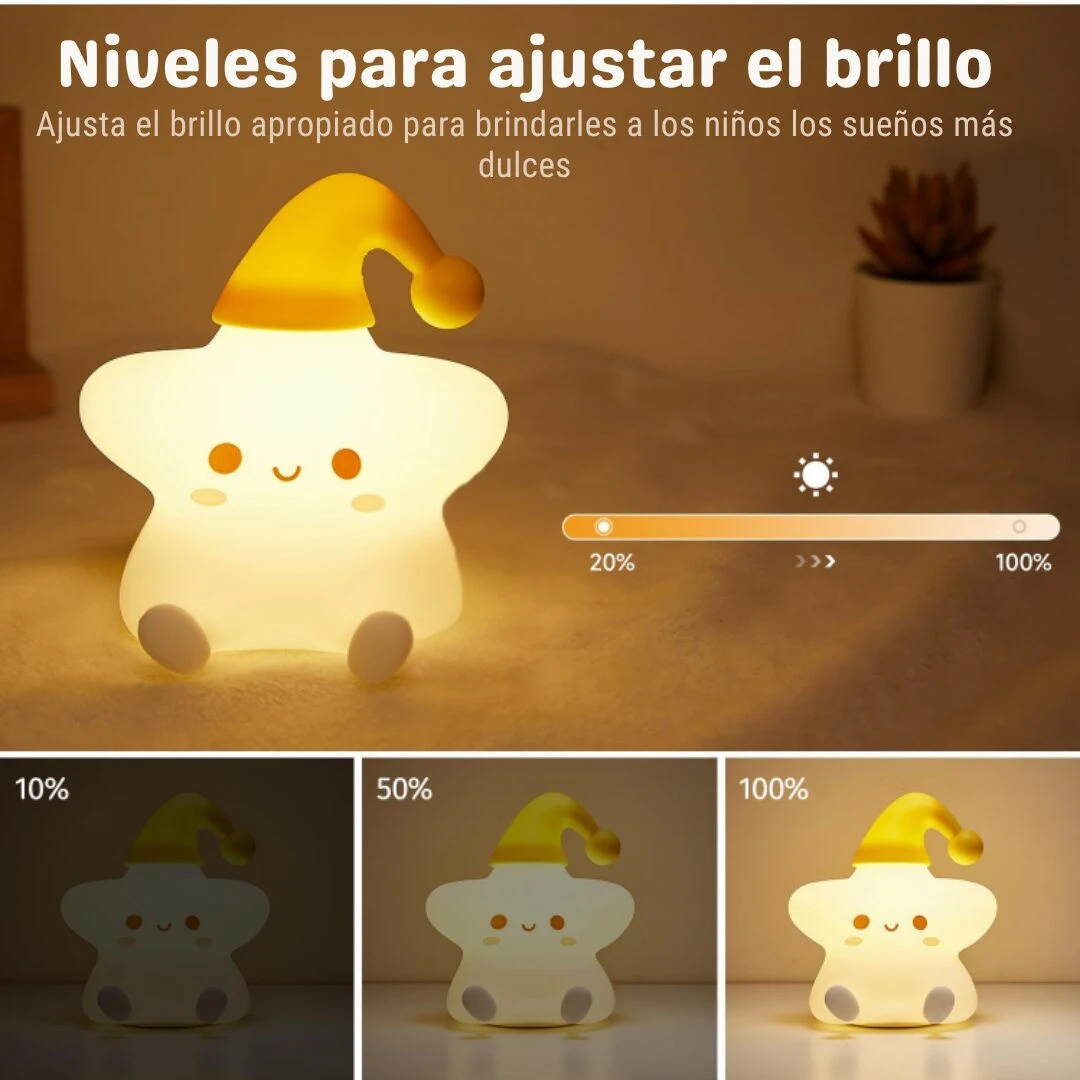 Lámpara estrella de silicona suave con luz cálida regulable del 10% al 100%, ideal para acompañar el sueño de bebés con un diseño acogedor.