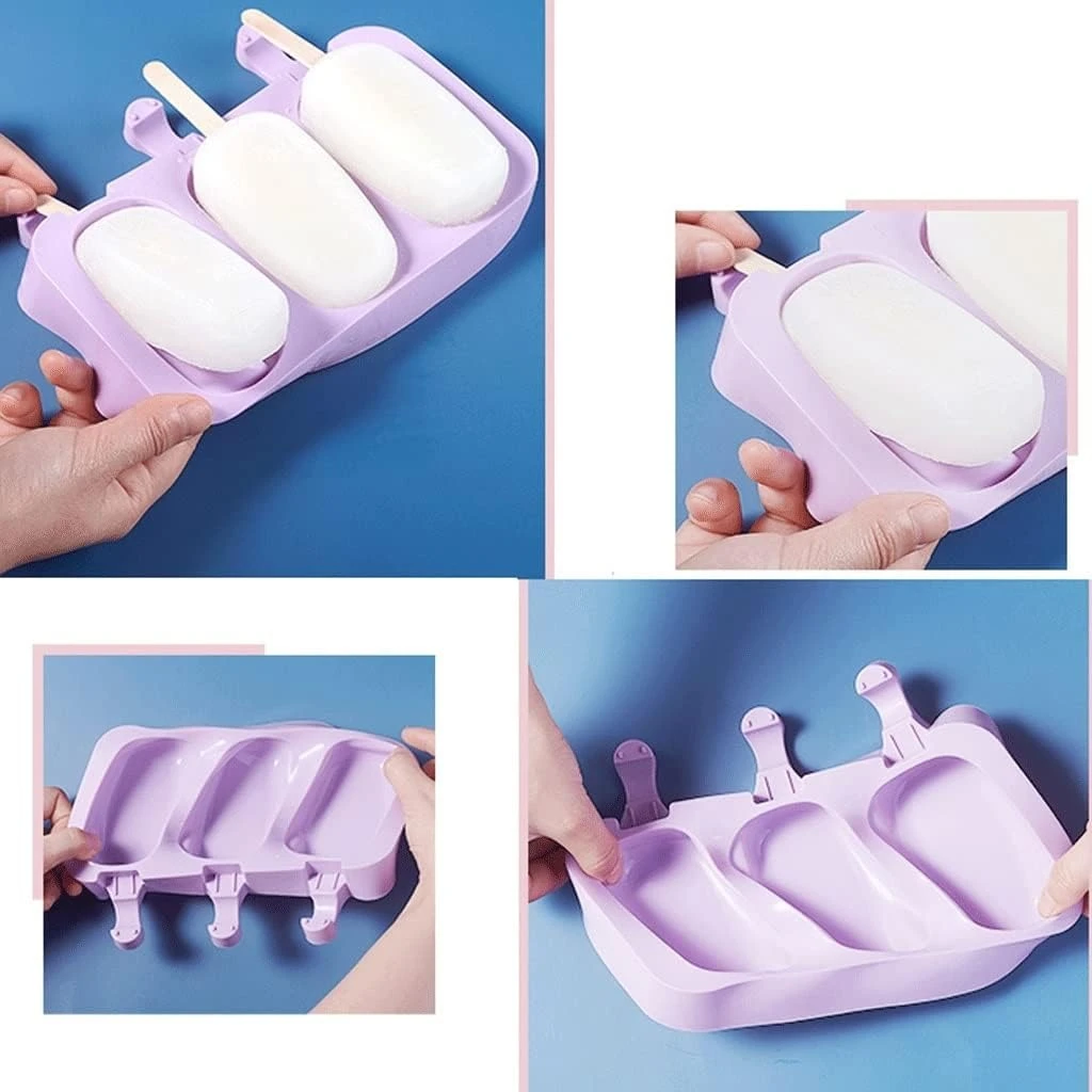 Molde de silicona morado para tres paletas con tapas integradas, mostrando el proceso de desmoldado manual de los helados y el interior del recipiente.