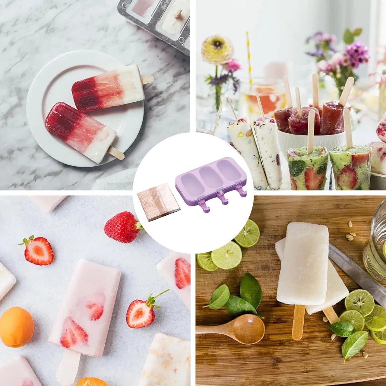 Molde de silicona morado para tres paletas con palitos de madera incluidos, rodeado de diversas presentaciones de helados artesanales en ambientes caseros.