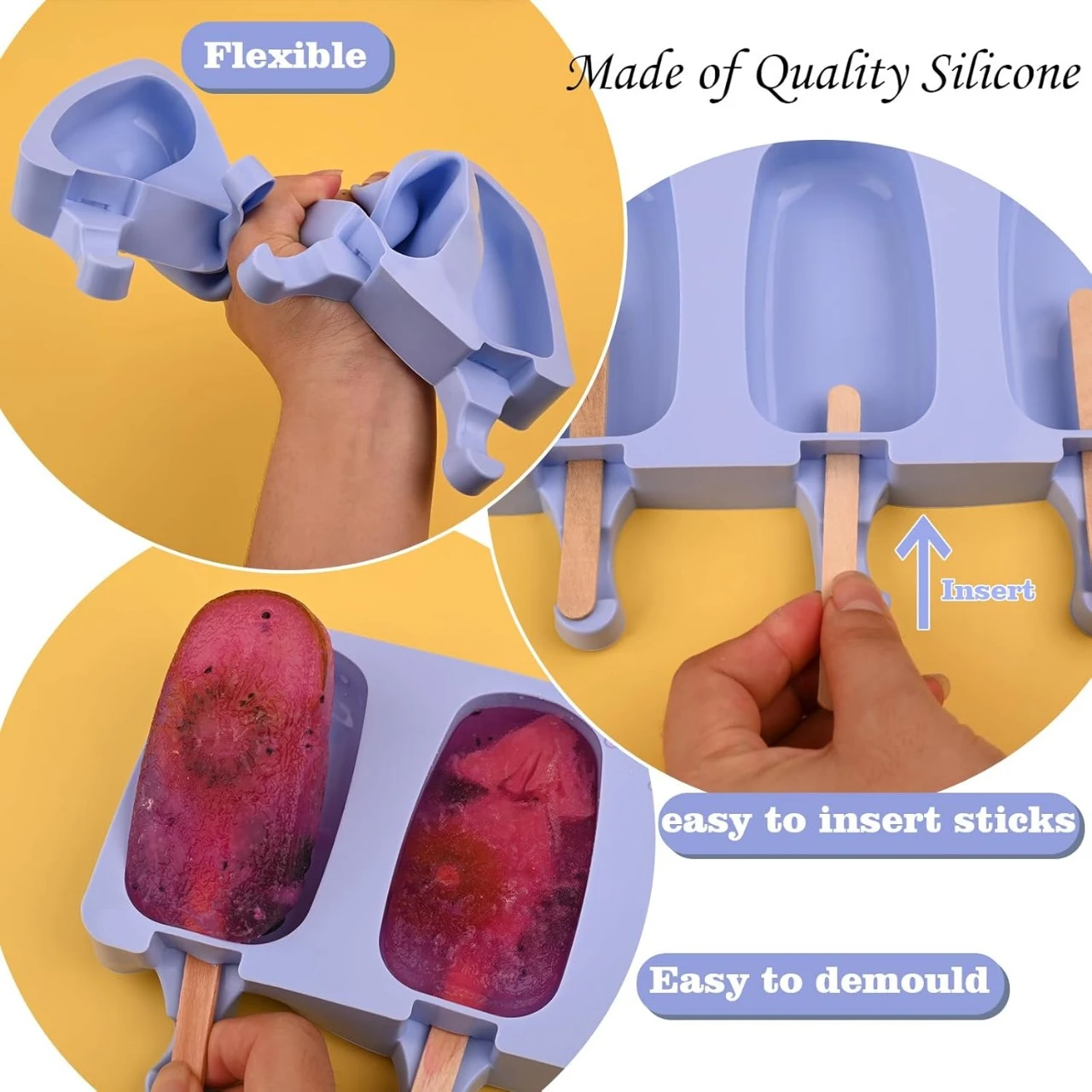 Molde de silicona azul flexible para paletas, muestra cómo insertar los palitos de madera y desmoldar fácilmente helados caseros con fruta.