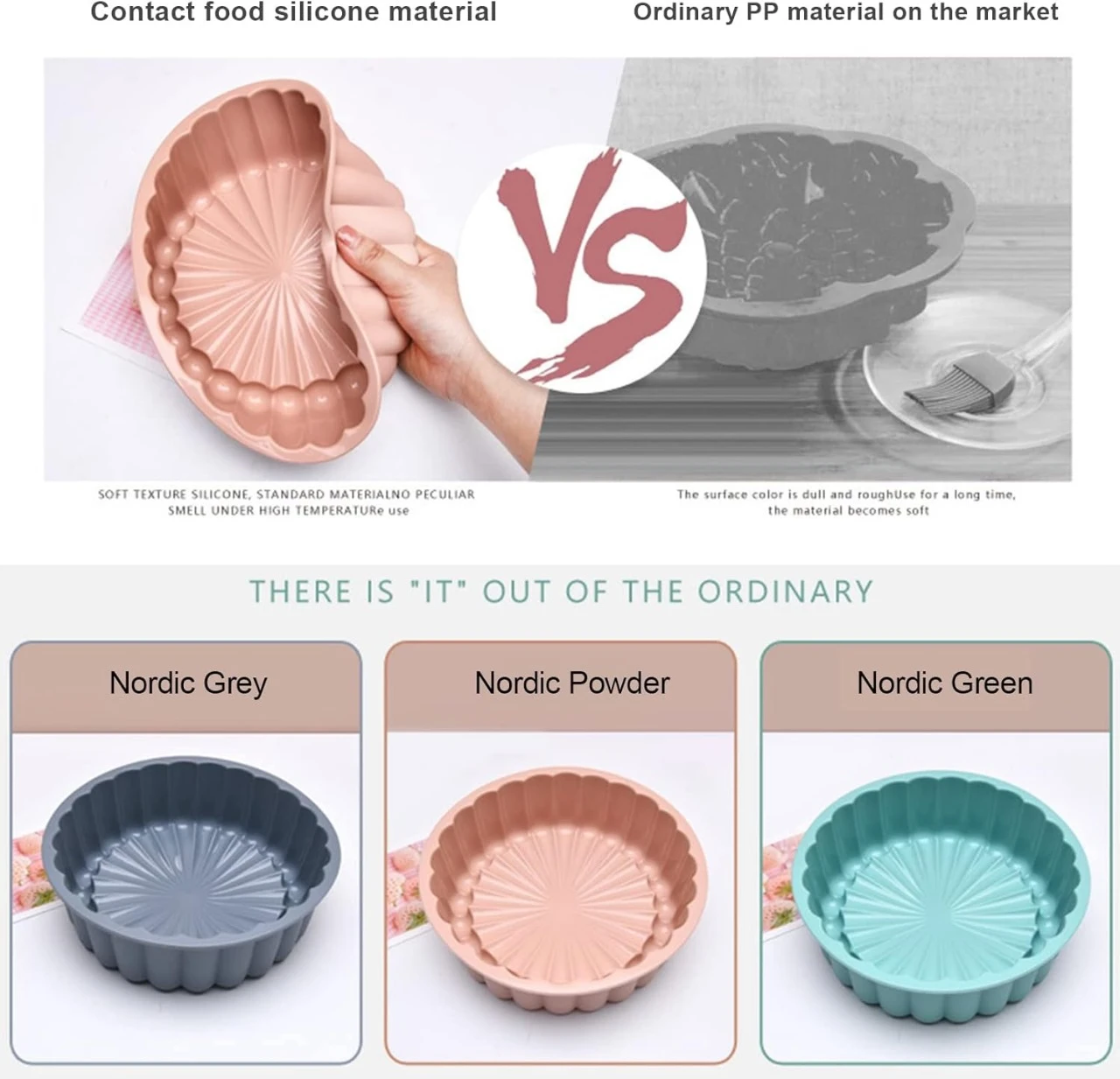 Molde de silicona flexible para repostería, disponible en colores gris, rosa y verde, diseñado para hornear tortas y gelatinas sin que se peguen.