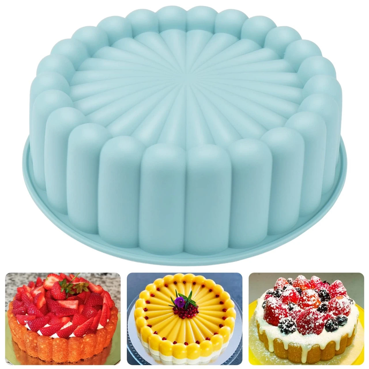 Molde de silicona azul con diseño estriado para repostería, mostrado junto a tres ejemplos de pasteles decorados con fresas, frutas y glaseado.