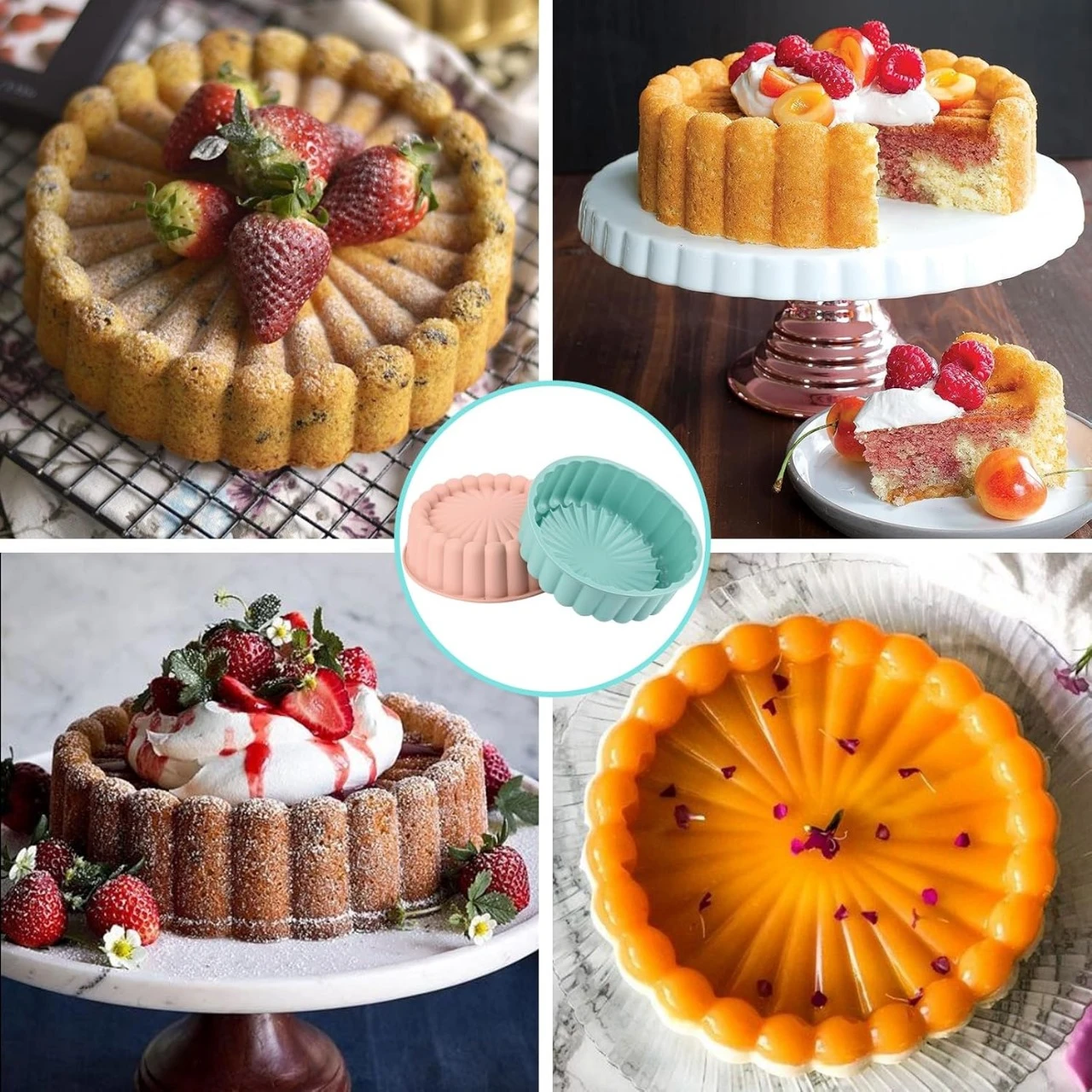 Molde de silicona antiadherente para tortas y gelatinas, disponible en color rosa y verde menta, ideal para desmoldar postres con diseños estriados.