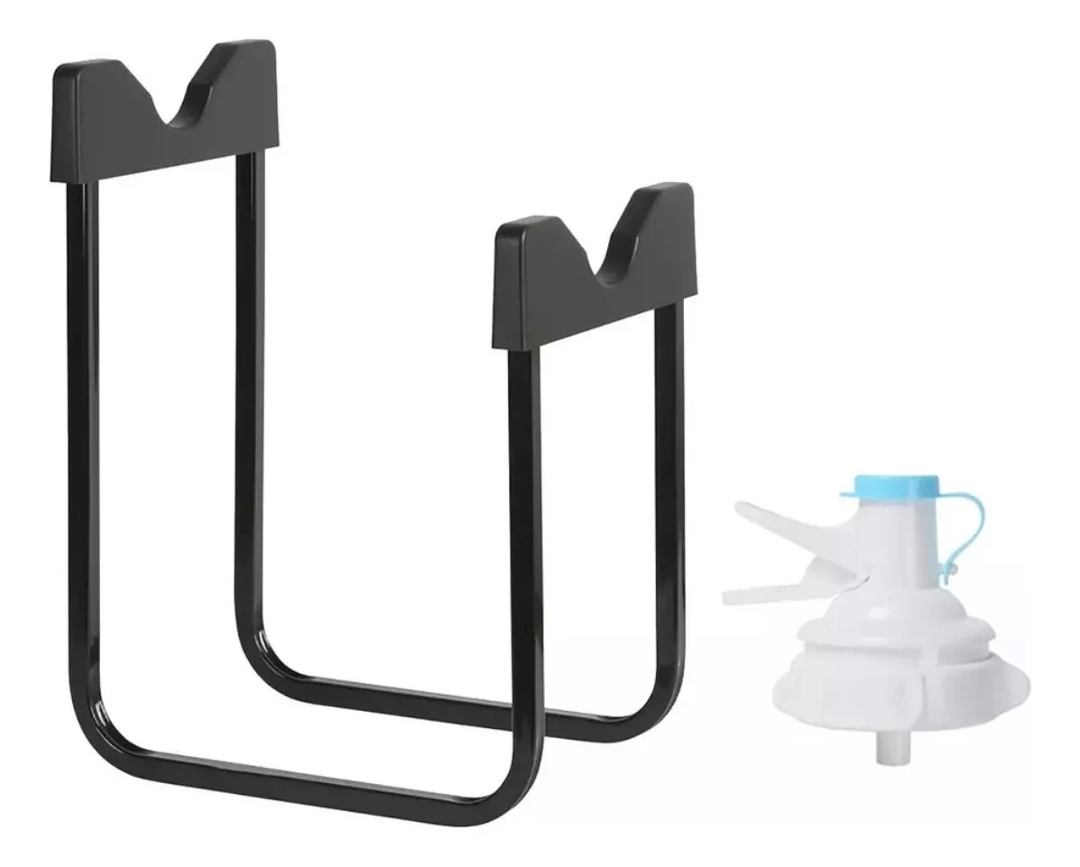 Soporte metálico negro para botellón de agua con grifo dispensador blanco y azul.