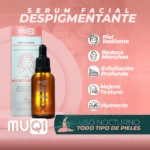 Serum facial despigmentante Muqi de 30 ml en frasco ámbar con gotero, junto a su caja, resaltando beneficios como hidratación y mejora de textura para la piel.