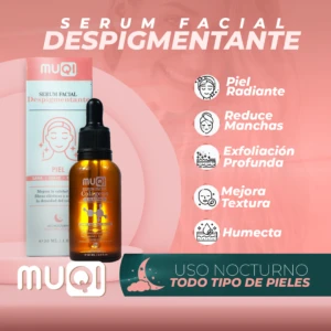 Serum facial despigmentante Muqi de 30 ml en frasco ámbar con gotero, junto a su caja, resaltando beneficios como hidratación y mejora de textura para la piel.