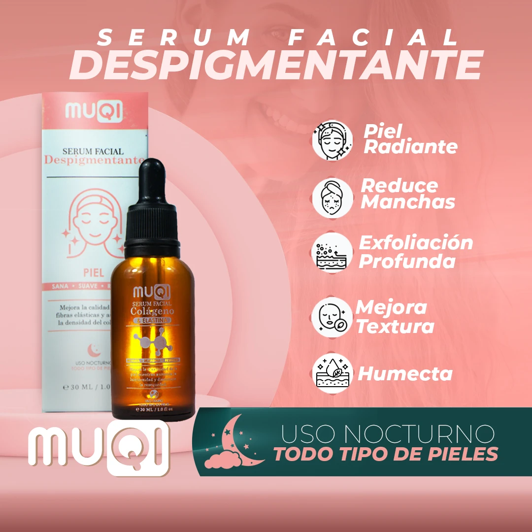 Serum facial despigmentante Muqi de 30 ml en frasco ámbar con gotero, junto a su caja, resaltando beneficios como hidratación y mejora de textura para la piel.