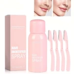 Set de spray identificador de cabello en envase rosa, con dos cajas y cuatro perfiladores de cejas rosados.