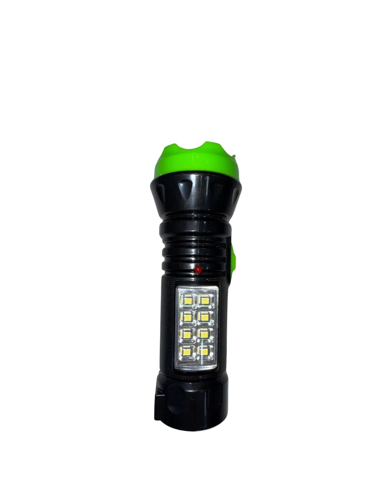 Linterna Xy-139 negra con tapa verde, panel frontal de 8 LEDs cuadrados, interruptor lateral verde y luz indicadora roja.