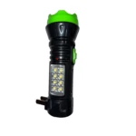 Linterna recargable Xy-139 negra con tapa superior verde y luces LED frontales.