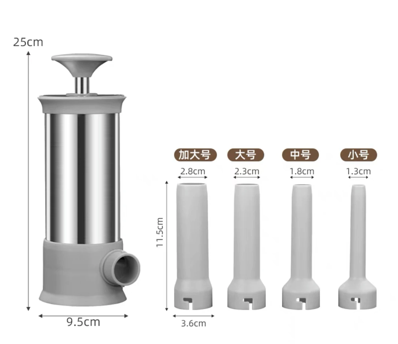 Combo embutidor inox 25cm y 4 tubos (2.8, 2.3, 1.8, 1.3cm) para embutidos.